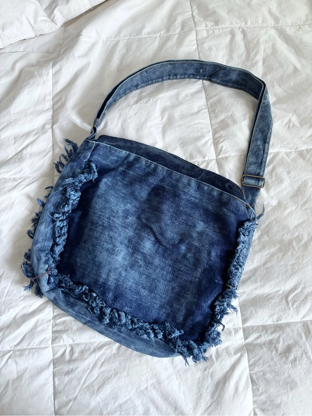 Denim Fringe Crossbody Bag with Rose & Heart Embroidery